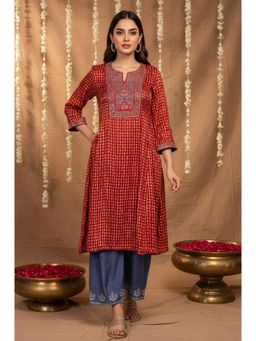 Folksong - Womens Red Embroidered A-Line Modal Satin Kurta