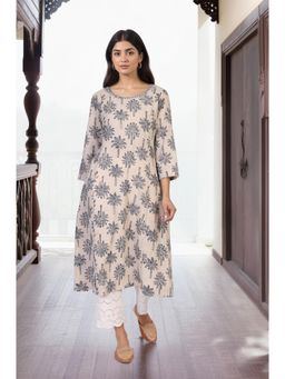 Folksong - Womens Beige Kalamkari Mirror Work A-Line Cotton Kurta