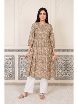 Folksong - Womens Olive Floral Printed Pleated A-Line Cotton Kurta