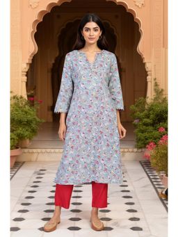 Folksong - Womens Blue Block Print Mirror Work Straight Cotton Kurta