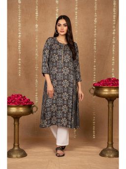 Folksong - Womens Brown Floral Printed A-Line Modal Satin Kurta