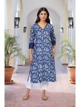 Folksong - Womens Blue Block Print Mirror Work Straight Cotton Kurta