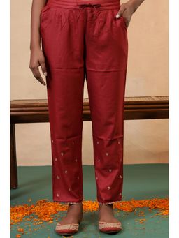 Folksong - Womens Red Embroidered Zari Tussar Silk Straight Pant