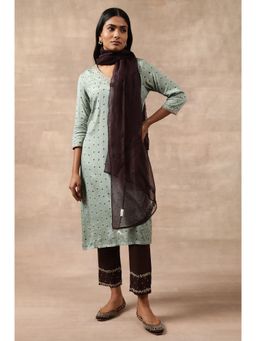 Folksong - Womens Brown Solid Embroidered Organza Dupatta