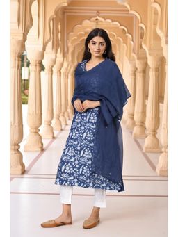 Folksong - Womens Blue Floral Mukaish Work Cotton Dupatta