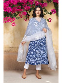 Folksong - Womens White Floral Embroidered Organza Dupatta