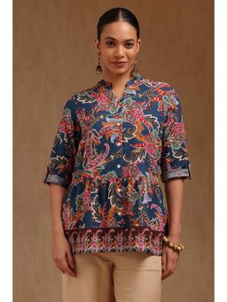Soch - Womens Blue Pure Cotton Botanical Print Tunic