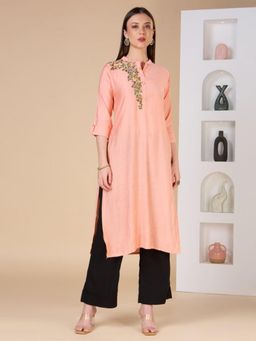FASHOR - Floral Hand Embroidered Straight Fit Kurta - Peach
