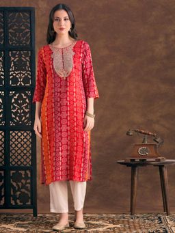 FASHOR - Bandhani Printed Straight Fit Kurta - Multi-Color