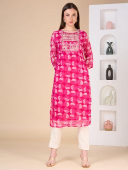 FASHOR - Ethnic Printed and Embroidered Straight Fit Kurta - Magenta