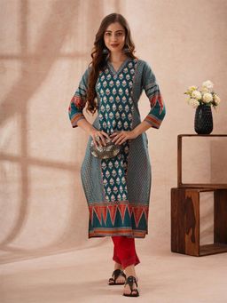 FASHOR - Ethnic Floral Printed Embroidered Straight Fit Kurta - Teal Blue