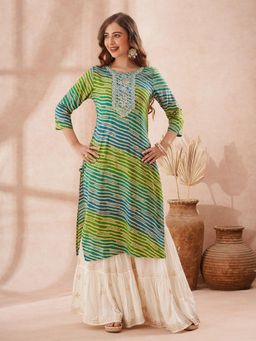 FASHOR - Leheriya Foil Printed and Zari Embroidered Straight Fit Kurta - Multi-Color