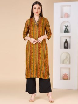 FASHOR - Stripes Floral Printed Straight Fit Kurta - Mustard