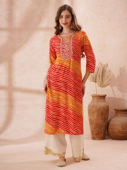 FASHOR - Leheriya Foil Printed and Zari Embroidered Straight Fit Kurta- Multi-Color