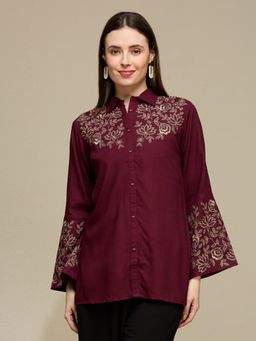 FASHOR - Floral Threadwork Embroidered Shirt - Wine