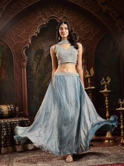 Stylum - Womens Grey Embroidered Silk Blend Lehenga and Choli With Dupatta