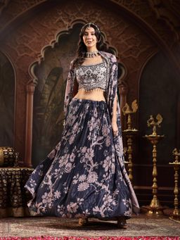 Stylum - Womens Navy blue Floral Printed and Embroidered Chinon Lehenga and Choli With Shrug