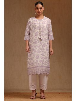 Soch - Womens Off White Linen Botanical Printed Kurta