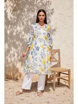 W - Beige Floral Printed A-Line Chiffon Kurta