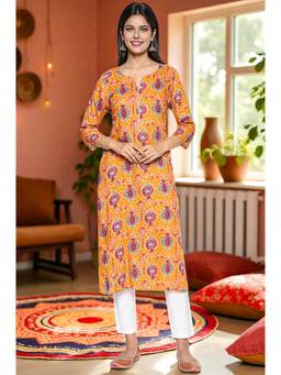 W - Mustard Floral Printed Straight Modal Kurta
