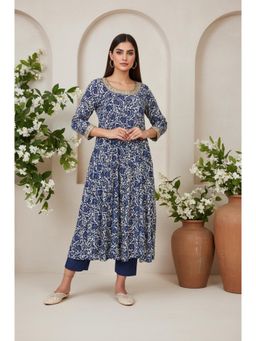 W - Navy Blue Floral Printed Embellished Flared Rayon Kurta