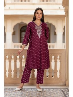 W - Purple Floral Embroidered Straight Silk Kurta