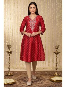 W - Red Floral Embroidered A-Line Silk Kurta