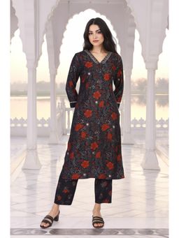 W - Black Floral Embroidered Straight Vicuna Crape Kurta