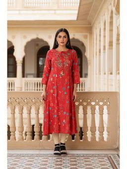 W - Red Floral Embroidered A-Line Shantung Kurta
