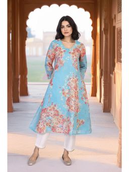 W - Turquoise Floral Print Tape A-Line Chanderi Kurta