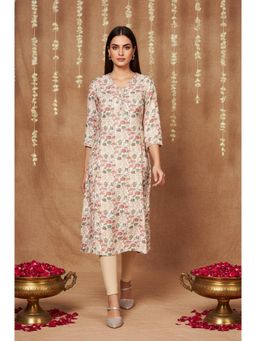 W - Beige Floral Printed Straight Muslin Kurta