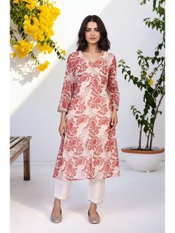 W - Red Floral Lace A-Line Chiffon Kurta
