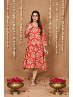 W - Red Floral Embroidered A-Line Rayon Kurta