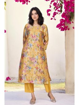 W - Yellow Floral Jacquard Straight Kurta