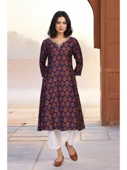 W - Purple Printed Dori Embroidery Flared Crepe Kurta