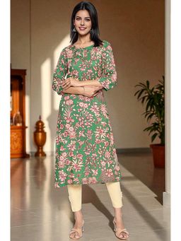 W - Green Botanical Printed Straight Rayon Kurta