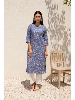 W - Blue Floral Printed Straight Rayon Kurta