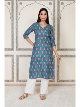 W - Blue Floral Printed Straight Cotton Kurta