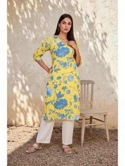 W - Yellow Floral Printed Straight Cotton Kurta