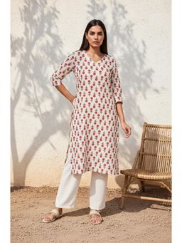 W - Beige Floral Printed Straight Cotton Kurta