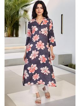 W - Black Floral Print Straight Rayon Kurta