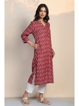 W - Red Floral Print Straight Rayon Kurta
