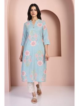 W - Blue Floral Printed Straight Rayon Kurta