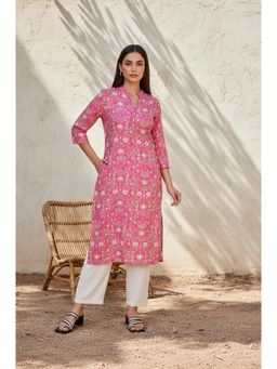 W - Pink Floral Printed Straight Rayon Kurta