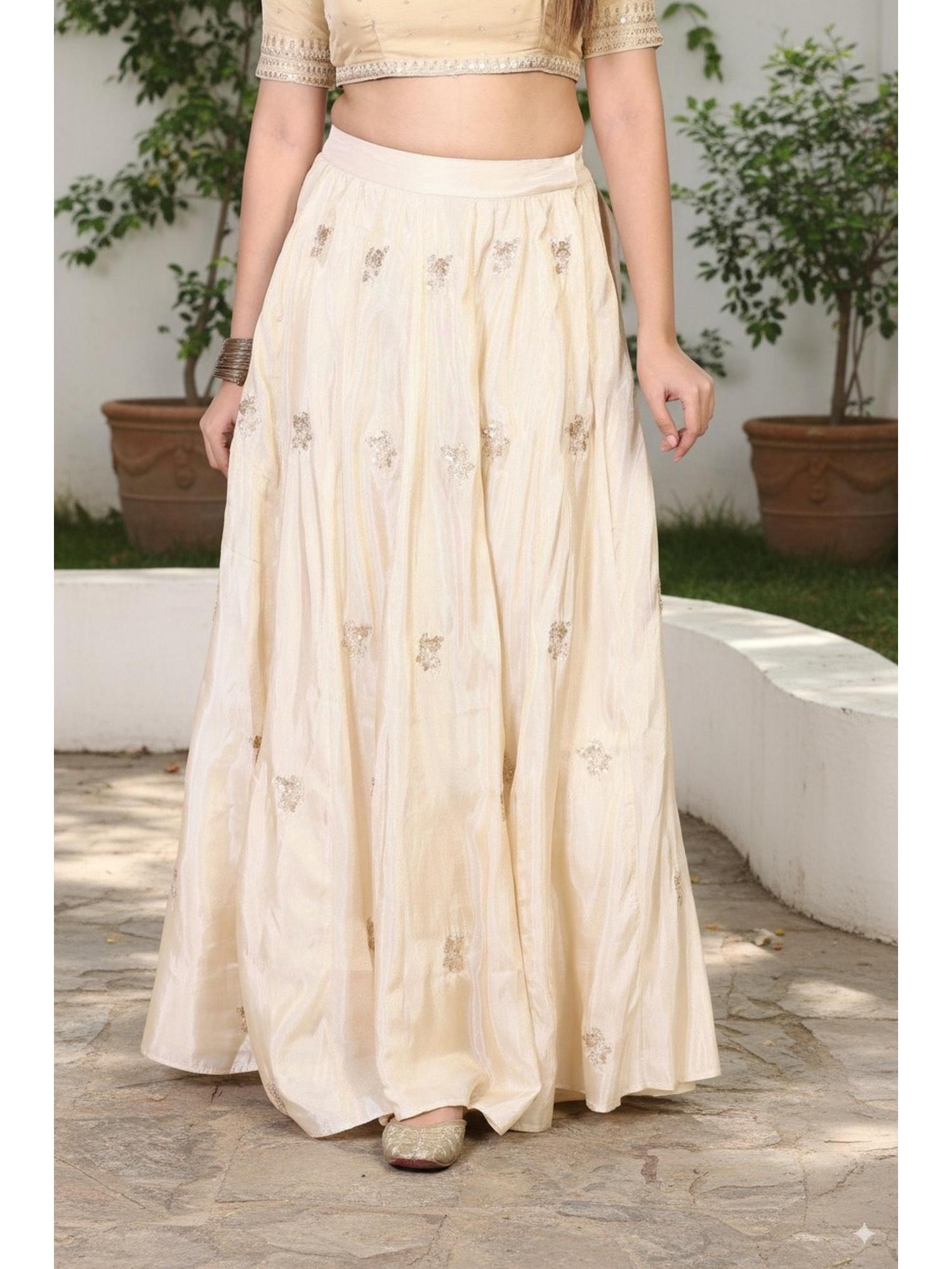 Off-White Floral Sequin Work Flared Tissue Skirt-picture-35