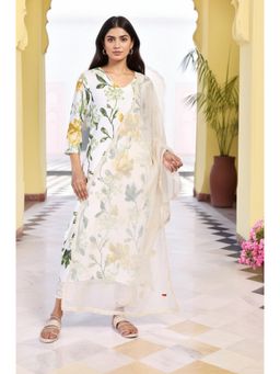 W - Off White Striped Lace Trim Nylon Dupatta