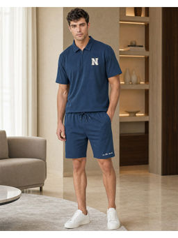 Nobero - Blue Men Relaxed Zip Polo Co-Ord