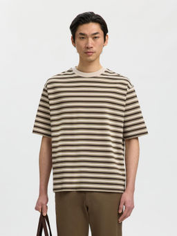 Selected - Beige Relaxed Fit Striped T-Shirt