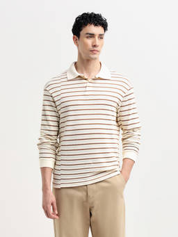 Selected - White Striped Jacquard Relaxed Fit Polo T-Shirt