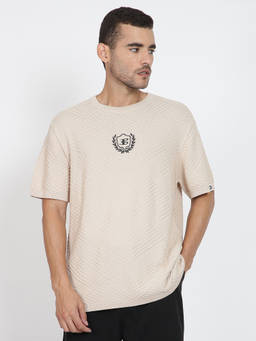 Ben Sherman - Men Beige Self Design Textured Cotton T-Shirt